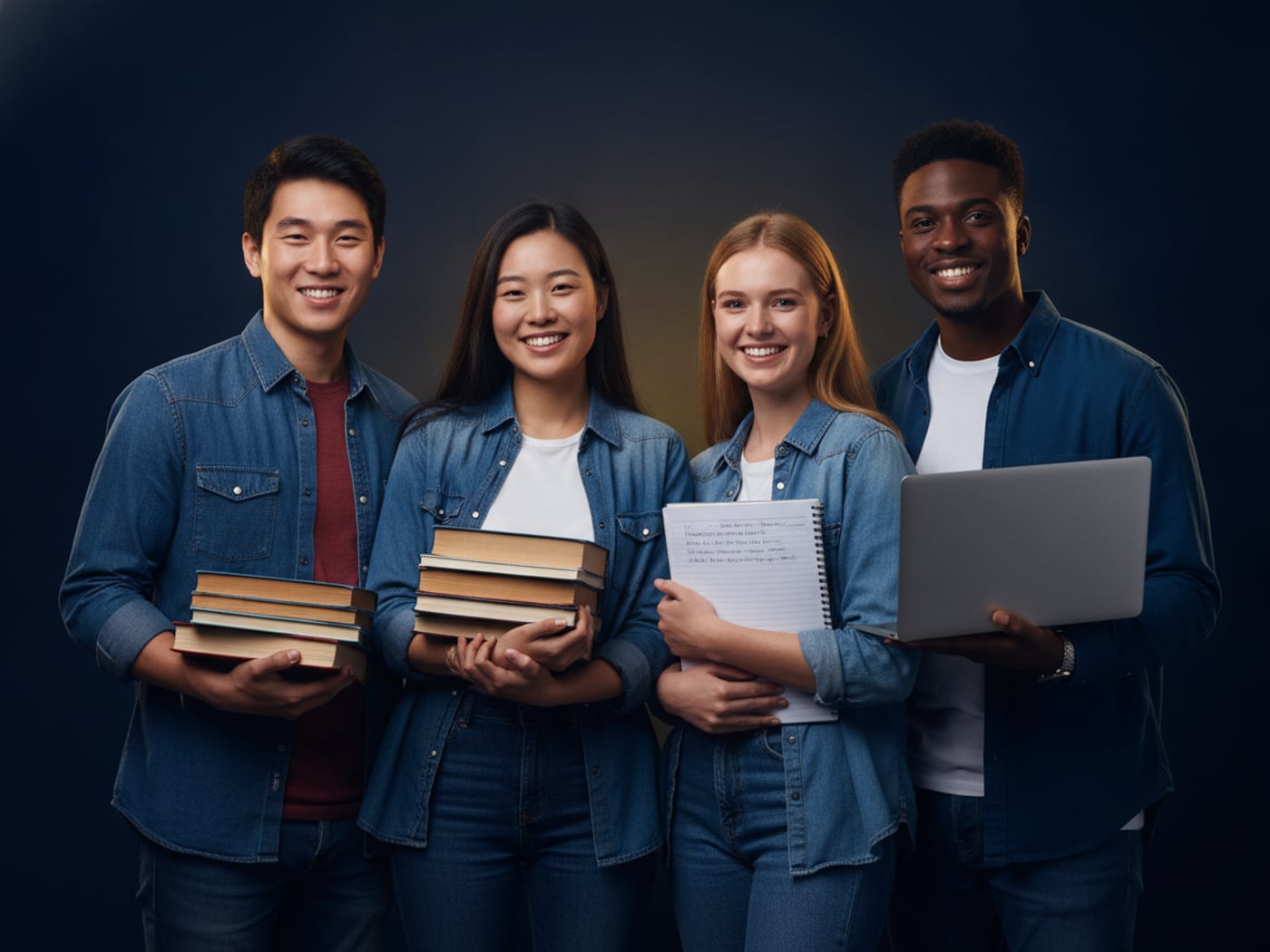 Four diverse students holding books and a laptop